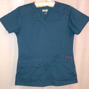 Wonder Wink S Flex Teal Blue Fuchsia Pink V-Neck Scrub Top